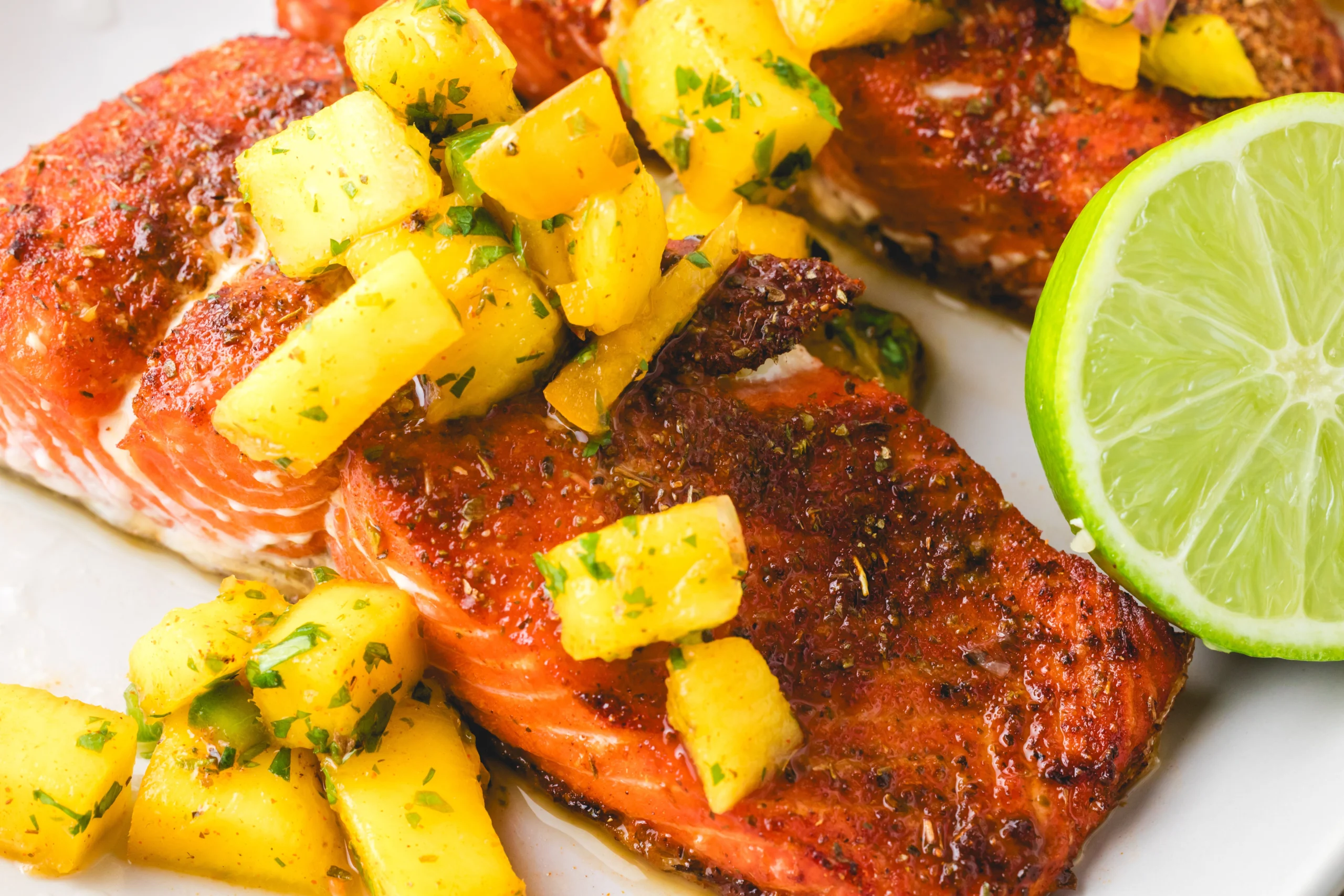 Healthy air fryer salmon with tropical fruit salsa and lime