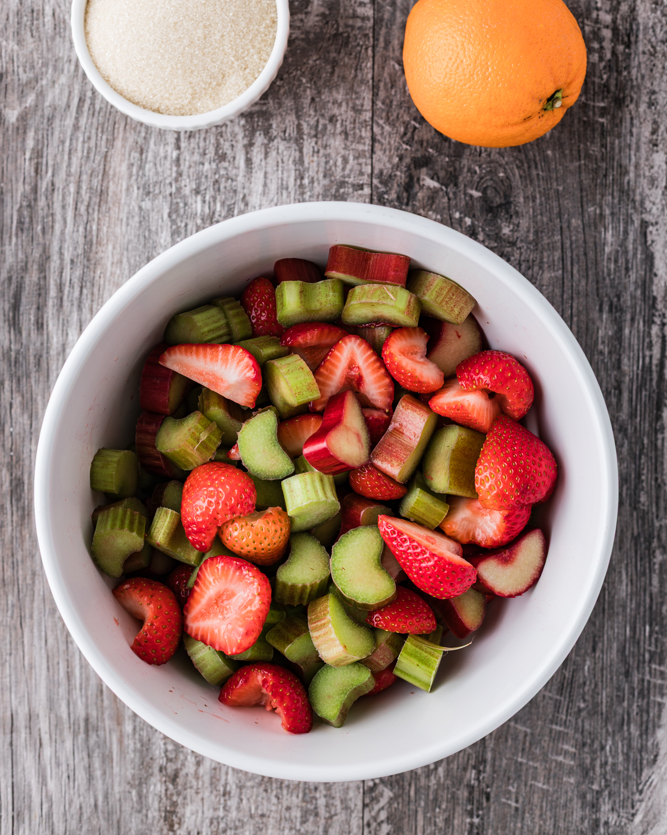 strawberry and rhubarb ingredients in bowl