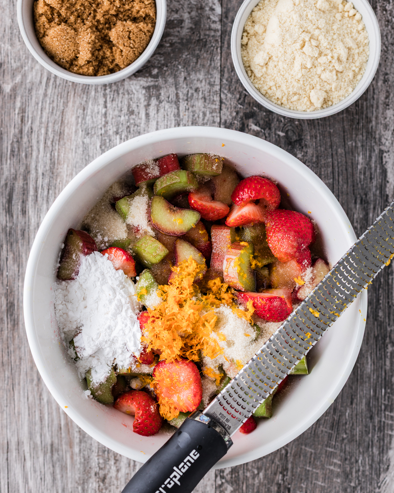 strawberry and rhubarb  ingredients in bowl